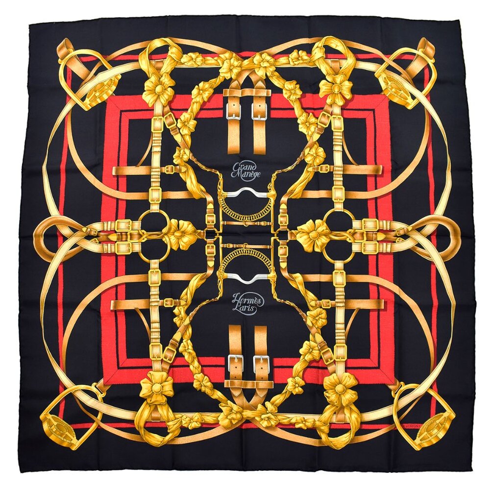 Hermes Equestrian Print Grande Manege 35" Silk Scarf in Black/Red/Gold